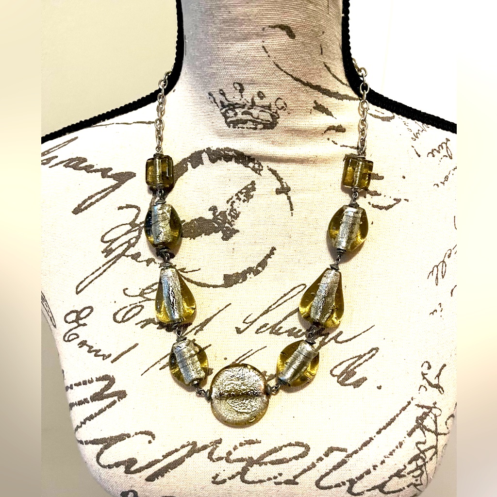 Vintage Murano Silver Lampwork Large Round Glass Bead Statement Necklace 24Euc 35$